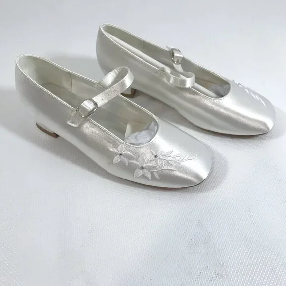 Girls Satin Shoes White 1.5 Communion Bridal Shoes Floral Rhinestone Ankle Strap - Picture 4 of 13